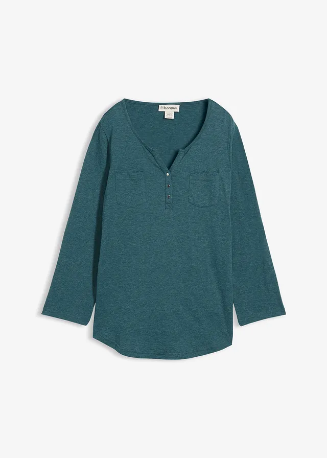 Bavlněné tričko Henley s knoflíkovou légou • zelený pepř melír • bonprix obchod