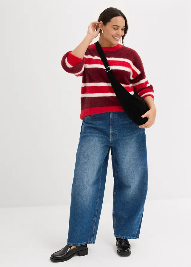 Jean barrel taille haute, cropped, Couleur: bleu denim used