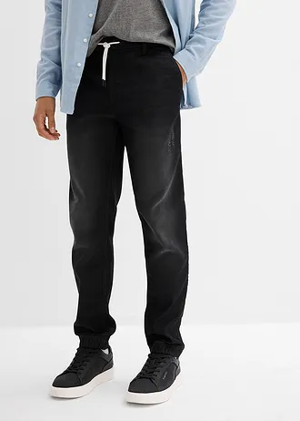 Joggery jeansowe z gumką w talii, regular fit, prosta nogawka • czarny denim • sklep bonprix