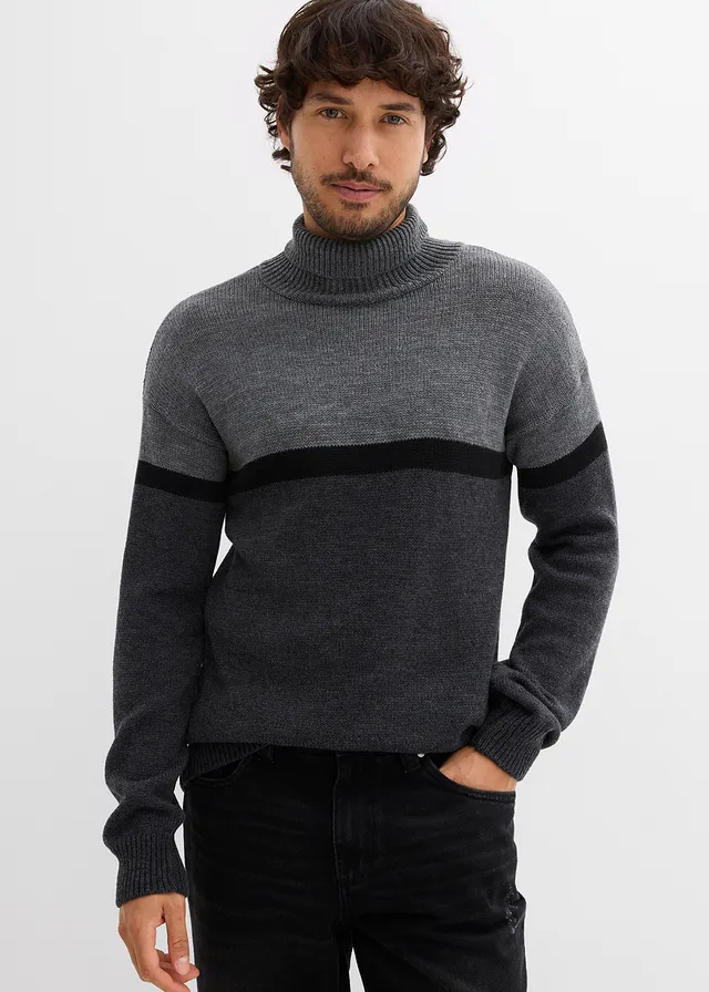 Pull col roulé style color-block, Couleur: gris/noir/anthracite chiné
