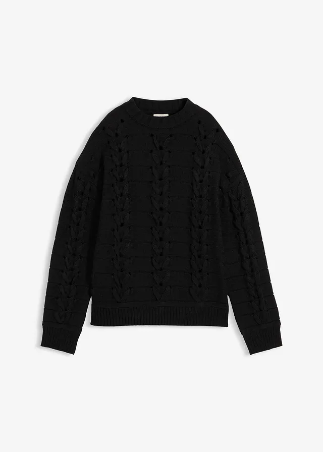 Pulover din tricot cu ochiuri mari și model cu torsade