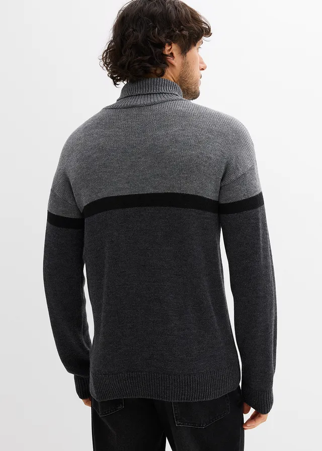 Pull col roulé style color-block, Couleur: gris/noir/anthracite chiné