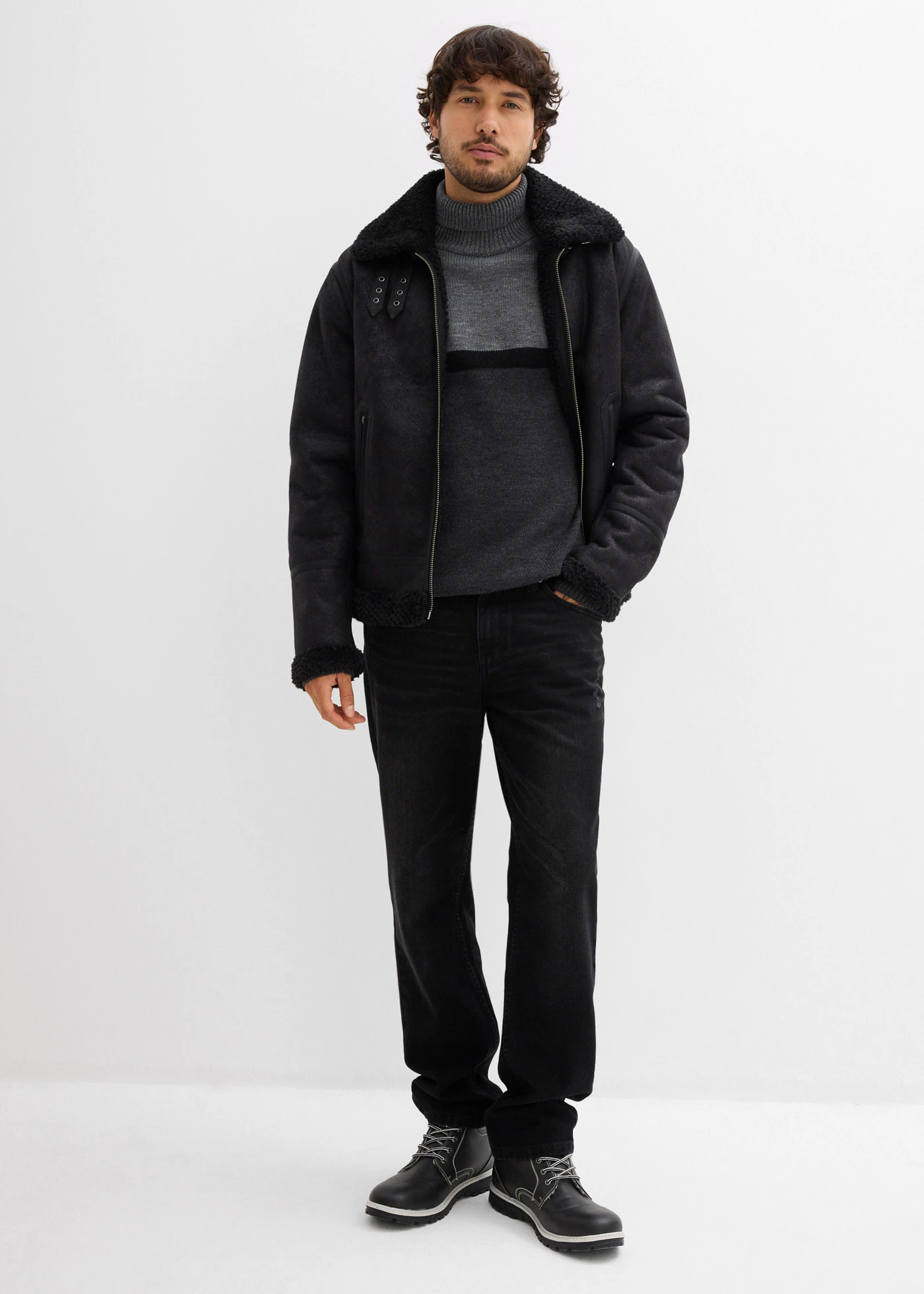 Pull col roulé style color-block • gris-noir-anthracite chiné • Boutique bonprix