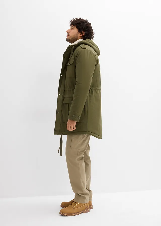 Outdoor parka met teddy voering voor de winter, Kleur: donkerolijfgroen