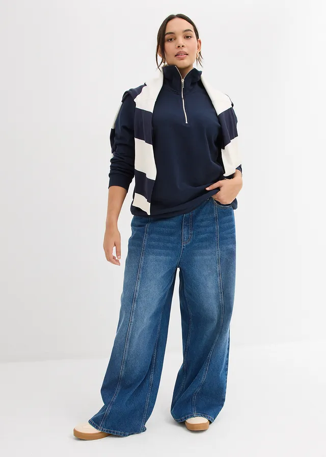 Oversized sweater met ritssluiting, Kleur: donkerblauw