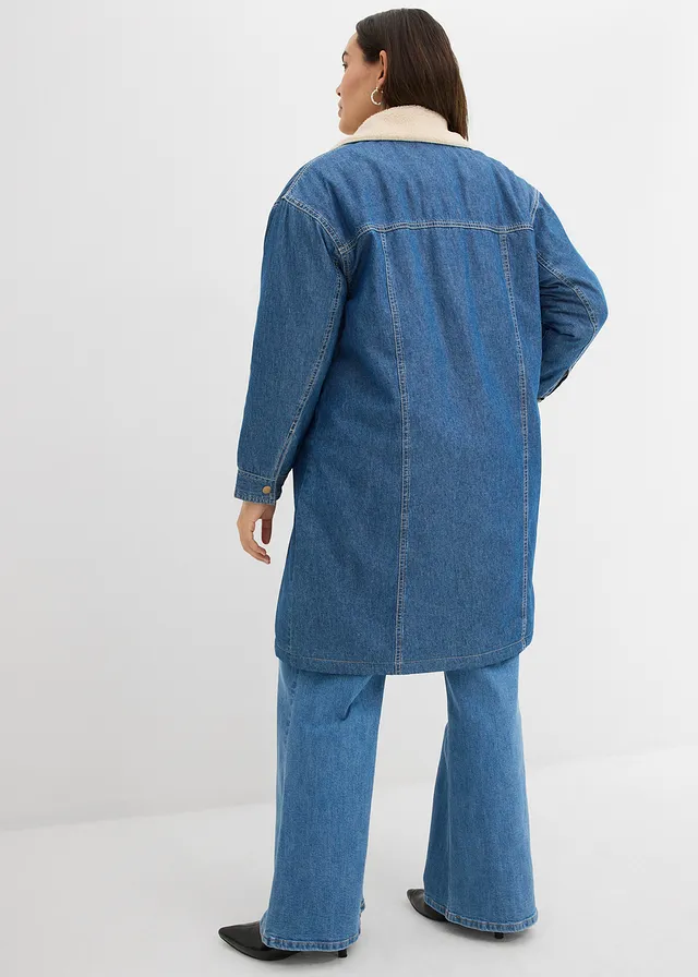 Lange spijkerjas met warme teddy voering voor de winter, Kleur: blauw denim used