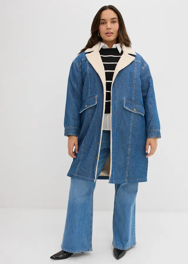 Džínový zimní kabát s teplou plyšovou podšívkou, barva: modrý denim used