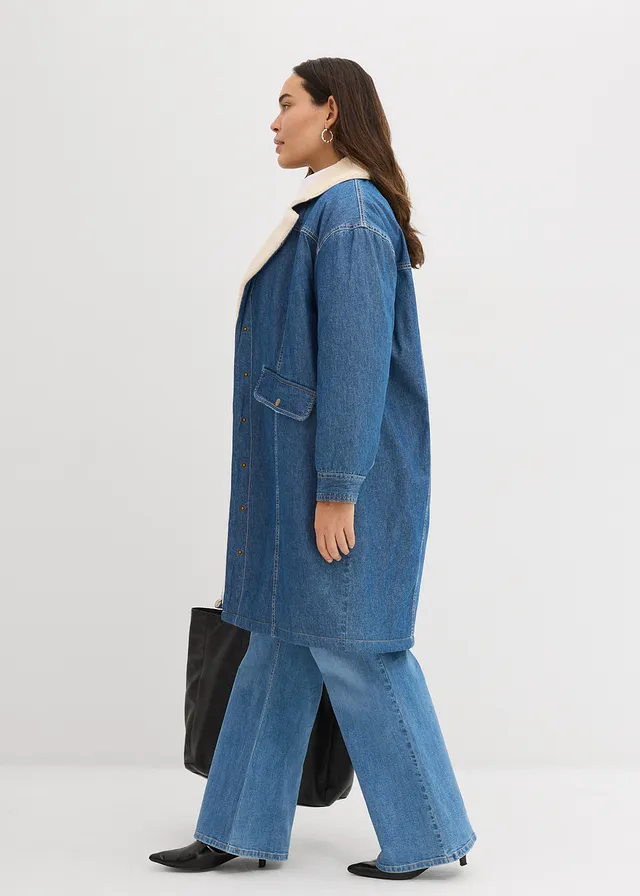 Manteau rembourré en denim, doublé sherpa, Couleur: bleu denim used