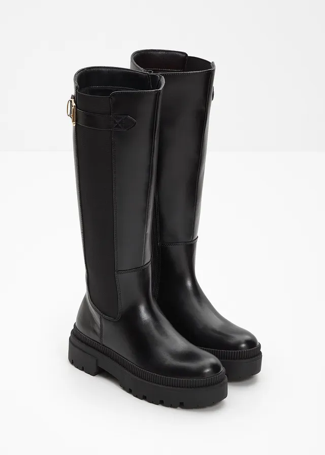Bottes fourrées à plateforme et empiècement élastique, Couleur: noir