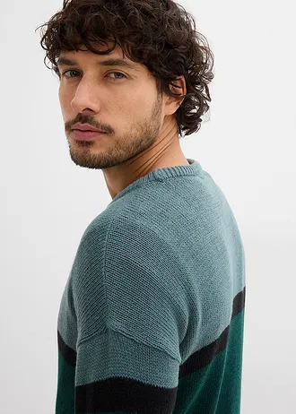Onderhoudsvriendelijke trui met ronde hals in colourblocking-design • grijsgroen/zwart/diepgroen gestreept • bonprix online shop