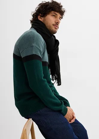 Onderhoudsvriendelijke trui met ronde hals in colourblocking-design • grijsgroen/zwart/diepgroen gestreept • bonprix online shop