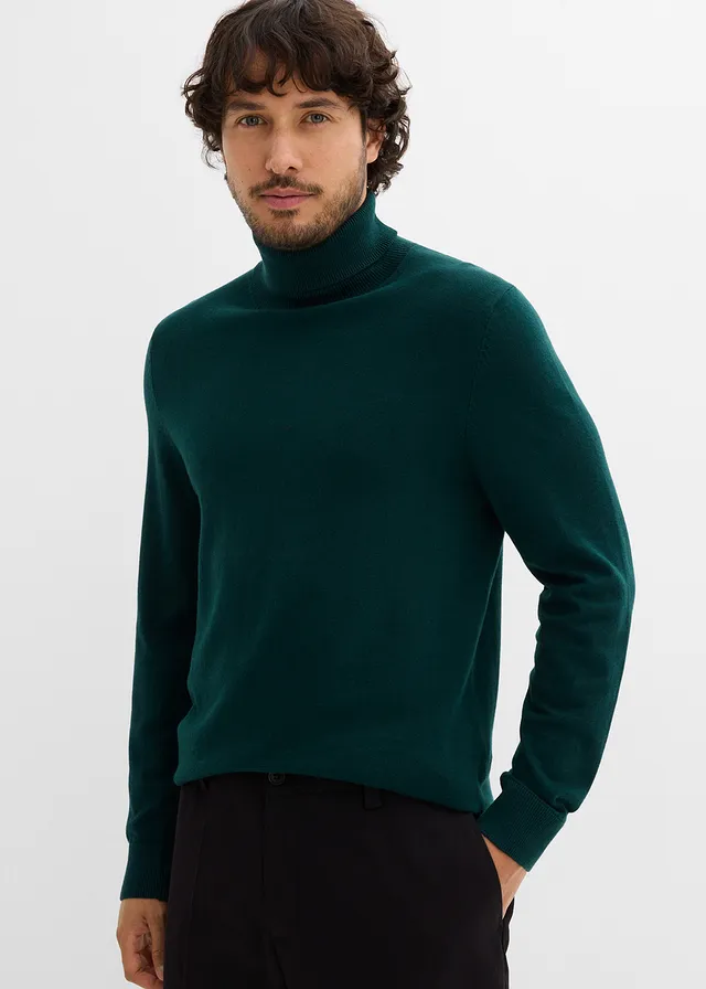 Cienki sweter z golfem z domieszką wełny merino, slim fit, kolor: ciemnozielony