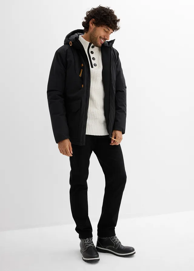 Gewatteerde parka met capuchon en imitatieleer, Kleur: zwart