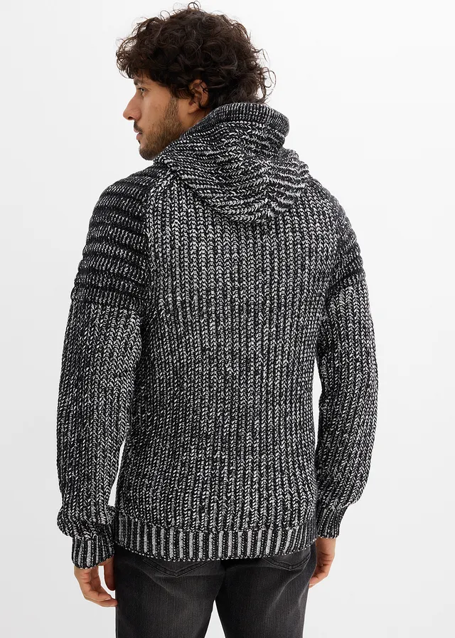 Pull en grosse maille à capuche et détails motard, Couleur: noir/blanc chiné