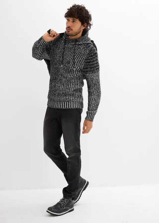 Pull en grosse maille à capuche et détails motard, Couleur: noir/blanc chiné