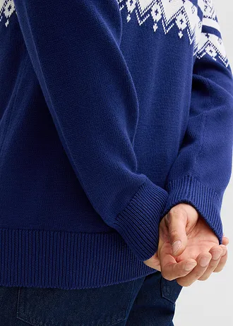 Norvégmintás pulóver cipzáros gallérral és tiszta pamutból • gyapjúfehér-mélytengeri kék norvégmintás • bonprix áruház