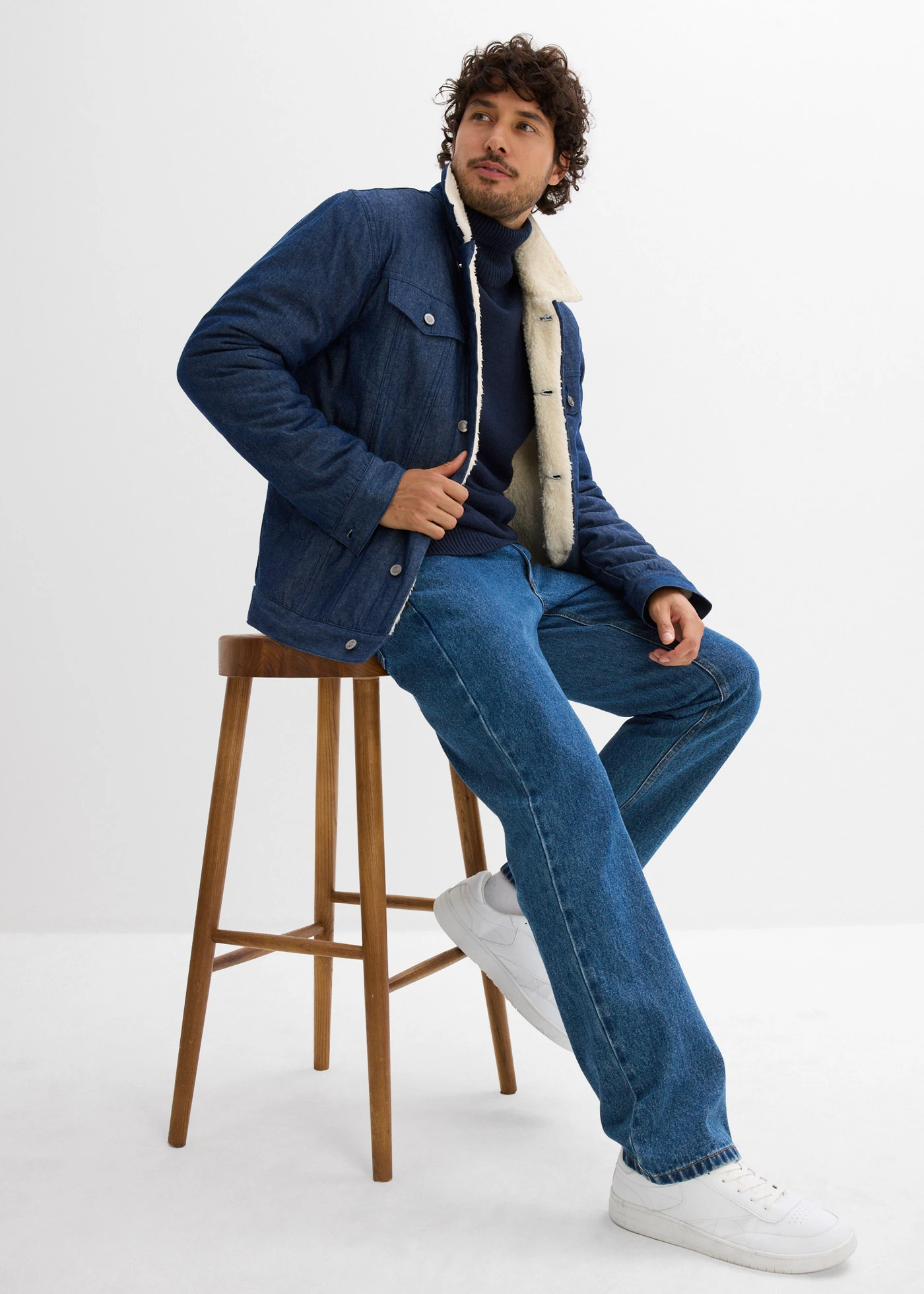 Pull col roulé chaud avec finitions côtelées • bleu foncé • Boutique bonprix