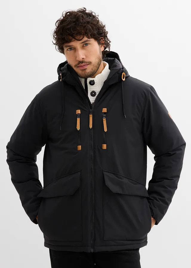 Gewatteerde parka met capuchon en imitatieleer, Kleur: zwart