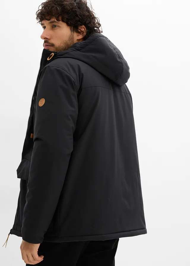 Parka d’hiver à capuche et détails enduits, Couleur: noir