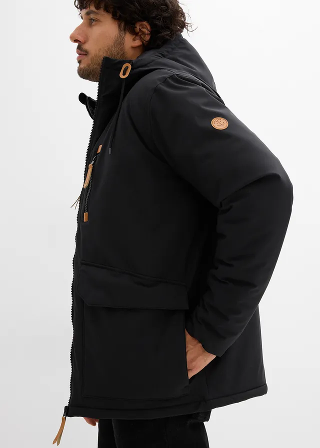 Gewatteerde parka met capuchon en imitatieleer • zwart • product-page.page-title-suffix