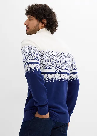 Norvégmintás pulóver cipzáros gallérral és tiszta pamutból • gyapjúfehér-mélytengeri kék norvégmintás • bonprix áruház