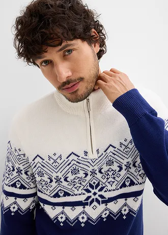 Norvégmintás pulóver cipzáros gallérral és tiszta pamutból • gyapjúfehér-mélytengeri kék norvégmintás • bonprix áruház