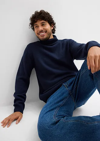 Pull col roulé chaud avec finitions côtelées • bleu foncé • Boutique bonprix