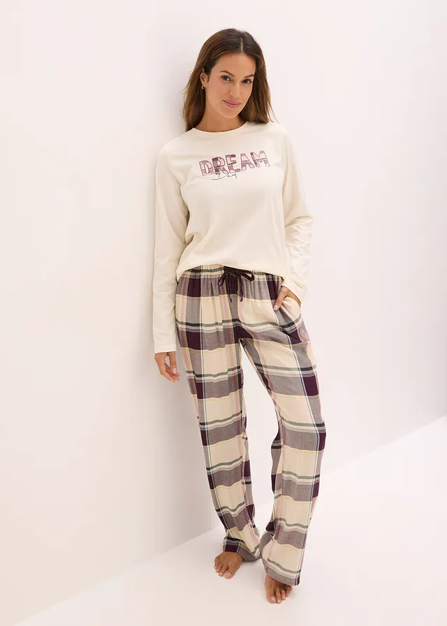 Pyjama avec pantalon tissé doux et pochette cadeau, Couleur: beige naturel-sureau carreaux