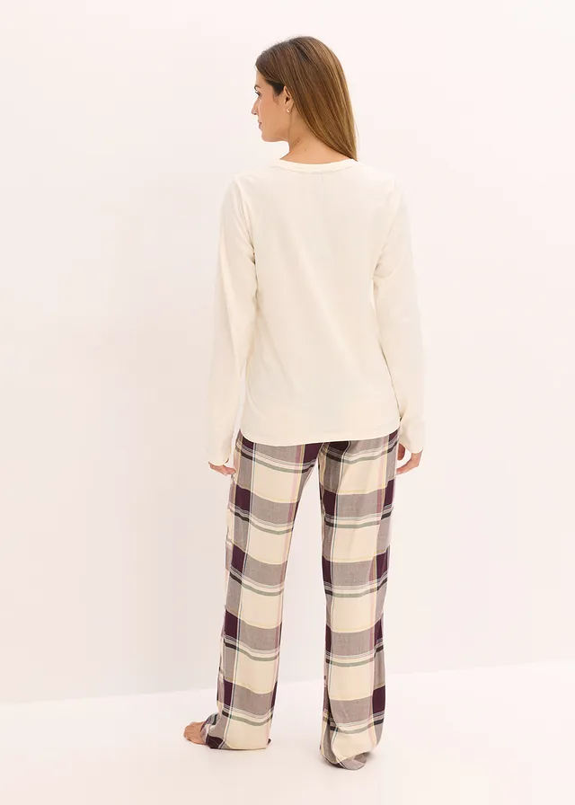 Pyjama avec pantalon tissé doux et pochette cadeau, Couleur: beige naturel-sureau carreaux