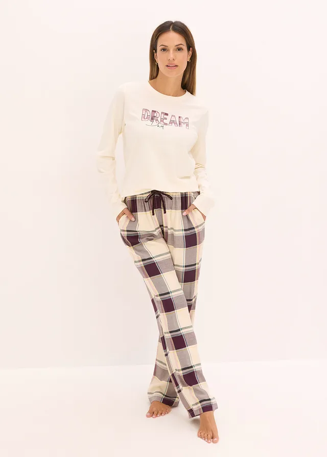 Pyjama avec pantalon tissé doux et pochette cadeau, Couleur: beige naturel-sureau carreaux