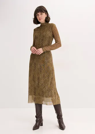 Robe midi en mesh, Couleur: olive-vert gui graphique