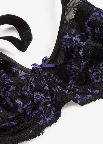 Zmenšovací podprsenka s polstrovanými ramínky a jemnou krajkou • černo-hyacintově fialová • bonprix obchod