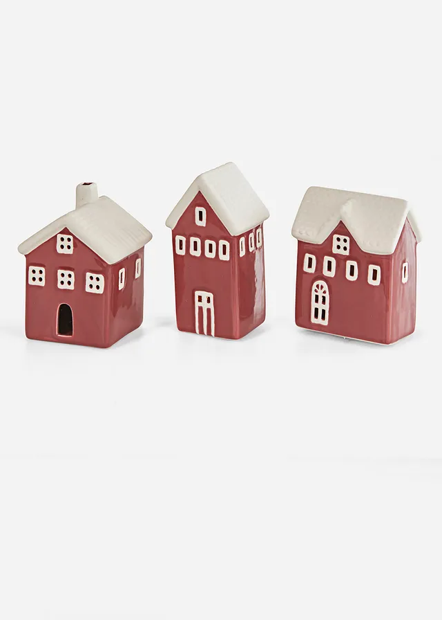 Obiecte deco cu LED în formă de căsuțe cu acoperiș înzăpezit (set/ 3 buc.)