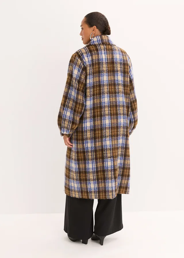 Lange jas met ballonmouwen, Kleur: donkerbruin/saffierblauw geruit