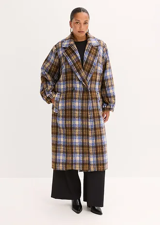 Lange jas met ballonmouwen, Kleur: donkerbruin/saffierblauw geruit