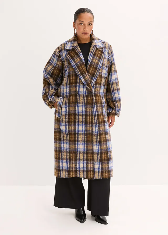 Lange jas met ballonmouwen, Kleur: donkerbruin/saffierblauw geruit