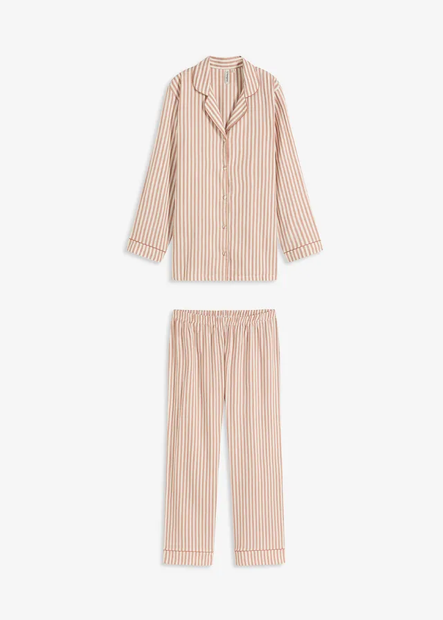 Pyjama en flanelle avec pochette cadeau, Couleur: sorbet chocolat/écru rayé