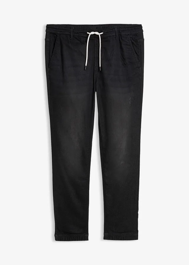 Joggery jeansowe z gumką w talii, regular fit, prosta nogawka • czarny denim • sklep bonprix