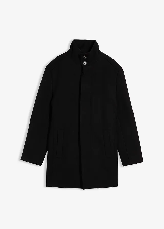 Korte coat in wollen look, Kleur: zwart