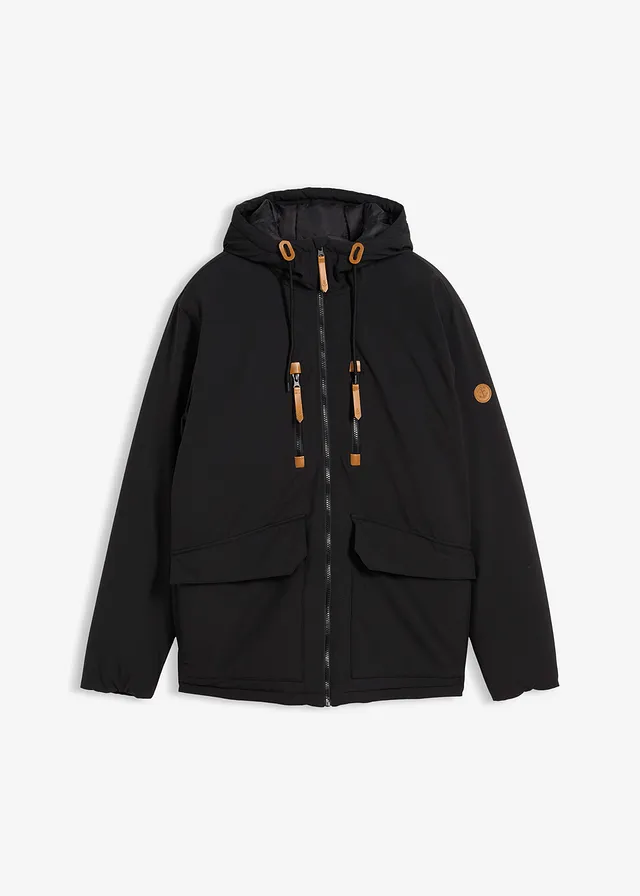 Parka d’hiver à capuche et détails enduits, Couleur: noir