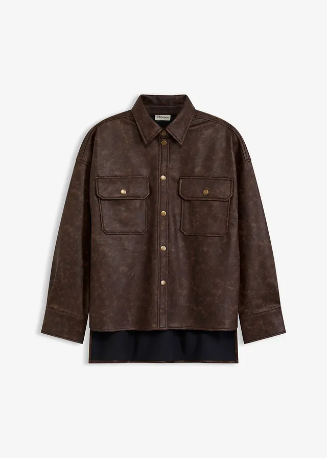 Overhemd van imitatieleer in used look, Kleur: donkerbruin