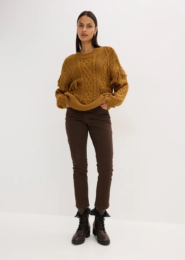 Pulover oversize cu franjuri, culoare: maro-coniac