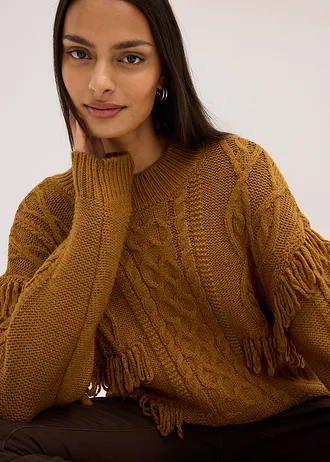 Oversize svetr s třásněmi • koňakově hnědá • bonprix obchod