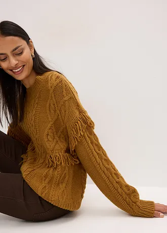 Oversize svetr s třásněmi • koňakově hnědá • bonprix obchod