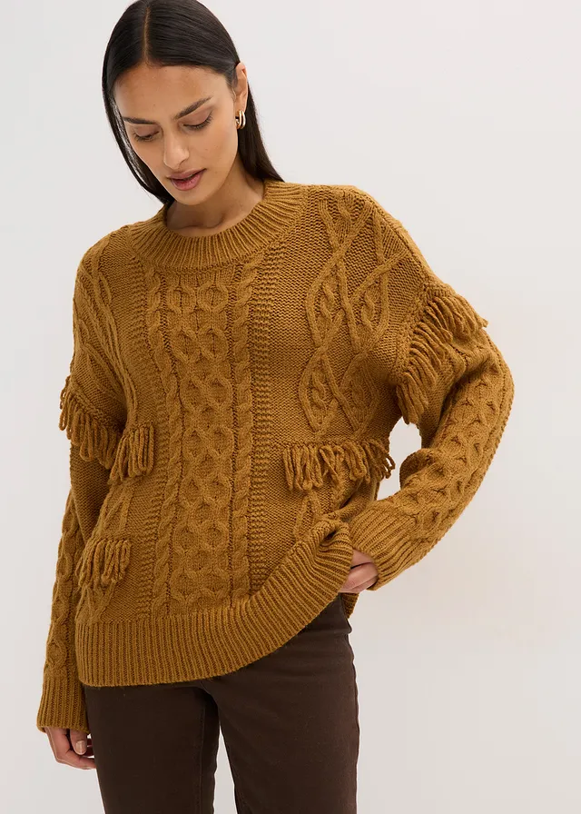 Pulover oversize cu franjuri, culoare: maro-coniac