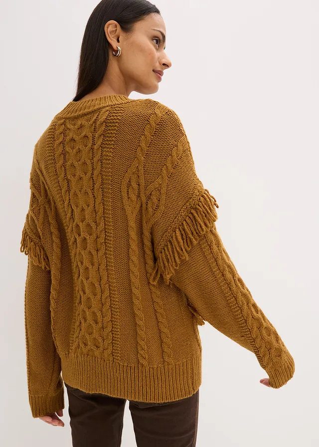 Pulover oversize cu franjuri, culoare: maro-coniac