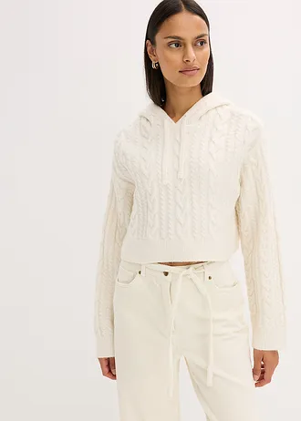 Pull en grosse maille avec capuche, Couleur: blanc nacré
