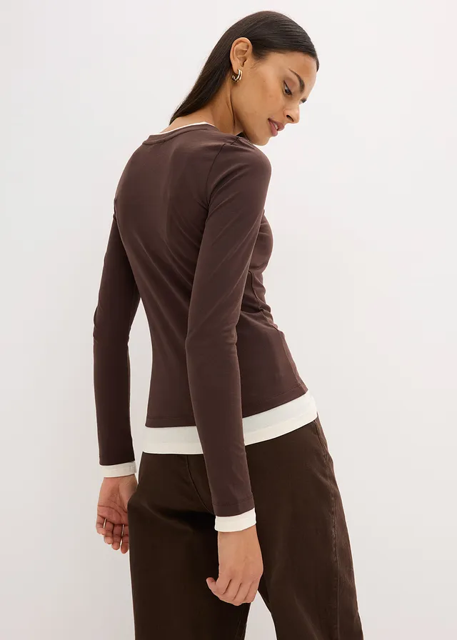 Longsleeve in een katoenmix, Kleur: donkerbruin-parelwit