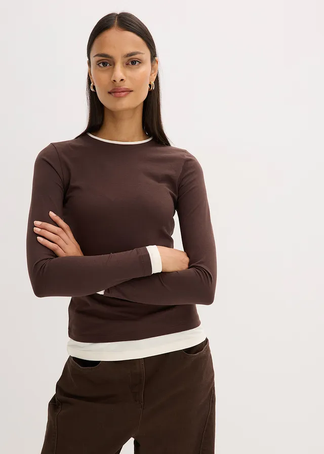 Longsleeve in een katoenmix, Kleur: donkerbruin-parelwit