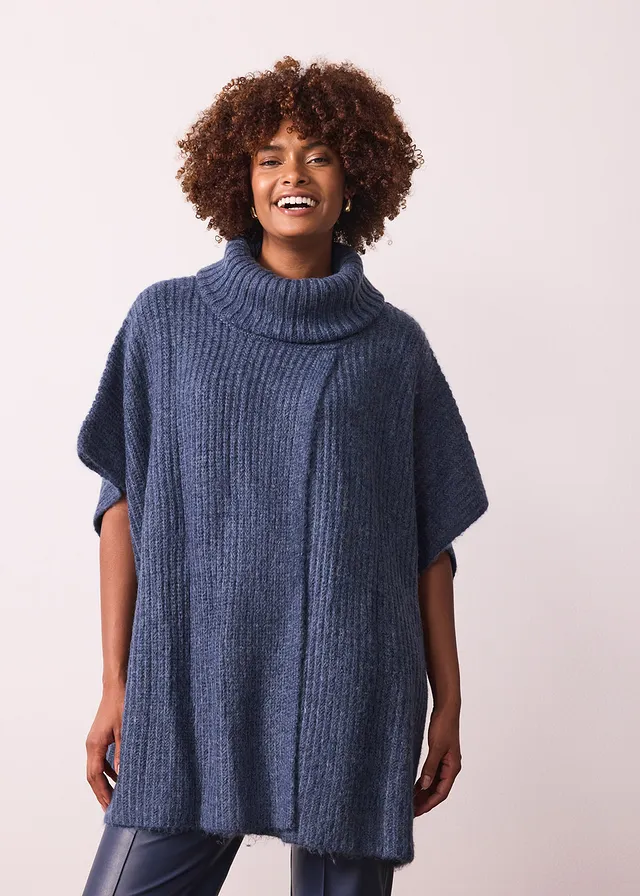 Pull poncho en laine mélangée indigo